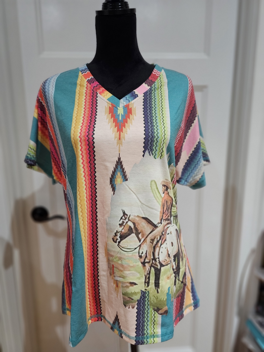 Women’s V-Neck Southwestern Stripe Top with Cowboy & Horse Graphic - NWT